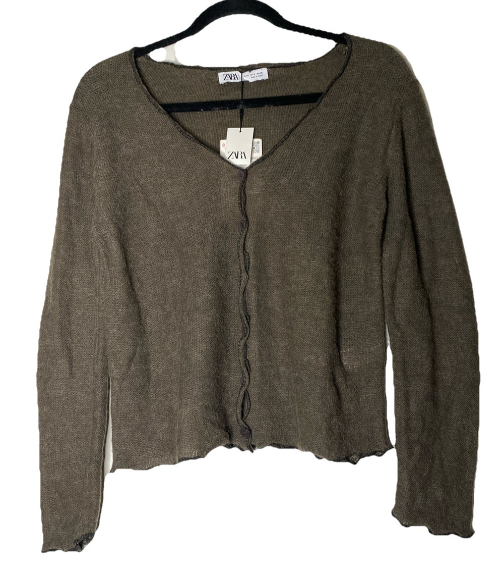 Zara NWT Brown Fuzzy Alpaca Blend Cardigan S Lettuce Hem Fairygrunge